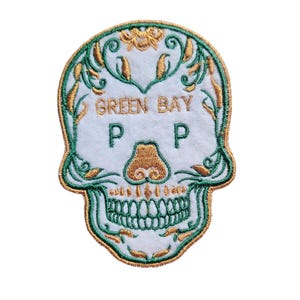 Embroidered Green Bay Football City Skull shaped iron on patch 4 and 8.5 inches