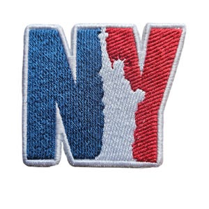May include: Embroidered patch with the letters "NY" in blue and red, with a white outline. The "Y" is shaped like the outline of the state of New York.