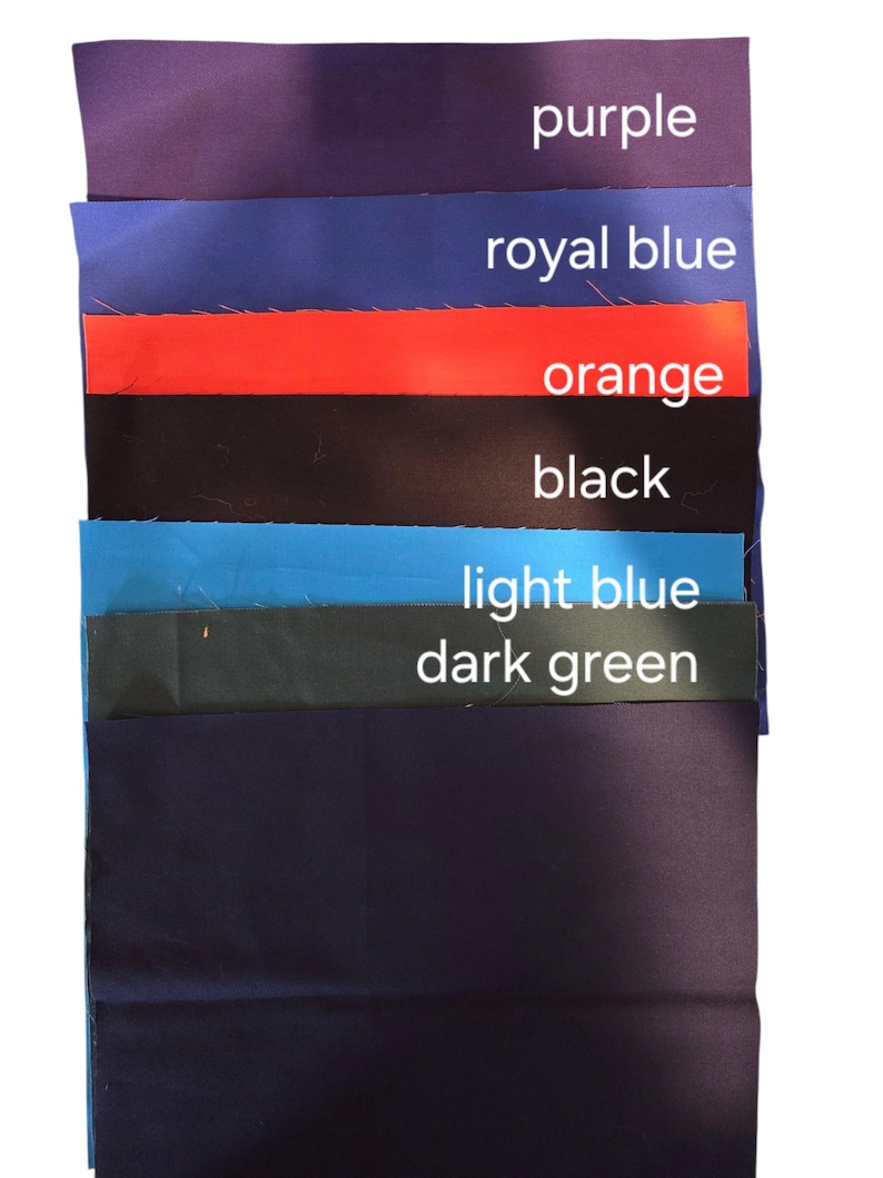 May include: A selection of fabric swatches in shades of purple, royal blue, orange, black, light blue, and dark green. Each swatch is labelled with its colour name in white text.