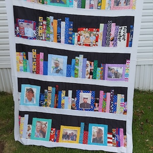 Bookshelf Photo Quilt Pattern PDF • Tribute Memory Quilt • Library Bookcase Picture Wall Hanging • Scrap Quilt Digital Download