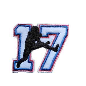 May include: White felt patch with the number 17 in blue and red outline. A black silhouette of a baseball player is in the middle of the number.