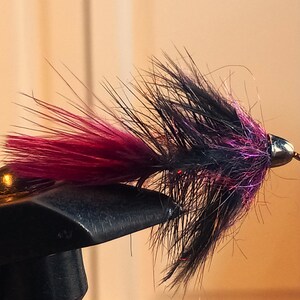 May include: A black and pink fly fishing lure with a silver bead head.