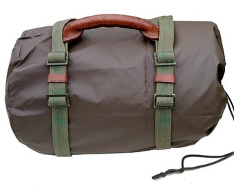 1970s unique long carrying straps & leather handle - genuine ex-army issue vintage transport luggage camping bushcraft bedroll blanket