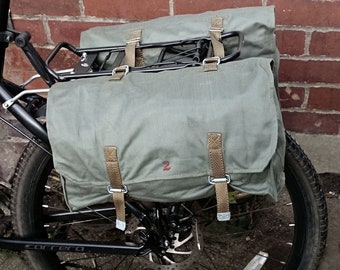 1980s grey canvas pannier bags vintage ex-army bicycle panniers pair retro cotton canvas saddlebags