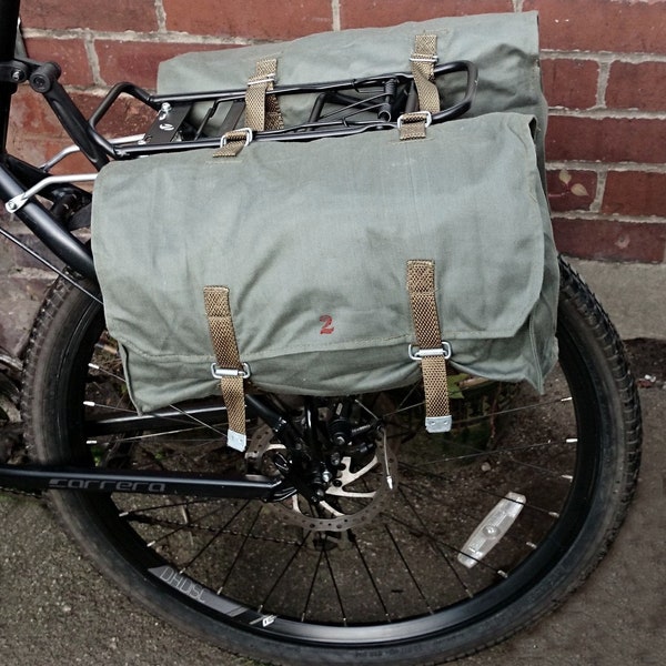 1980s grey canvas pannier bags vintage ex-army bicycle panniers pair retro cotton canvas saddlebags