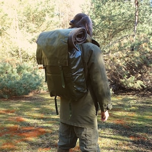 1980s Waterproof Ex-Army Backpack large rucksack green rubberized carrying handle big boat bag vinyl fishing hiking canoeing water resistant