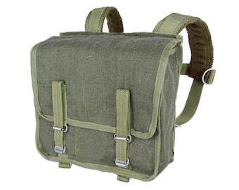 Vintage 1960s linen canvas day pack army surplus backpack small rucksack olive green satchel