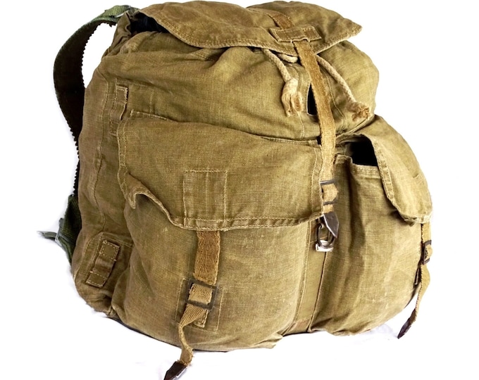 1950/60s Vintage Army Canvas Backpack With Linen Harness Khaki Rucksack