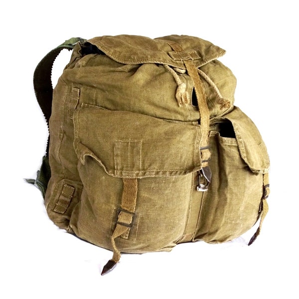 1950/60s Vintage Army Canvas Backpack With Linen Harness Khaki Rucksack Hiking Retro