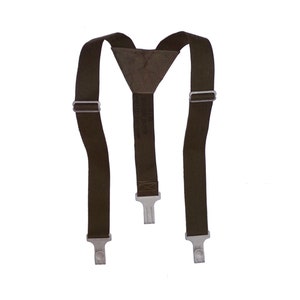 May include: A pair of brown braces with silver metal clips. The braces are made of a woven fabric and have a Y-shaped back.