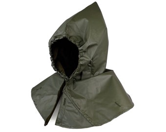 May include: A green hooded rain poncho with a drawstring closure at the neck. The poncho has a zipper on the front and a flap that covers the zipper.