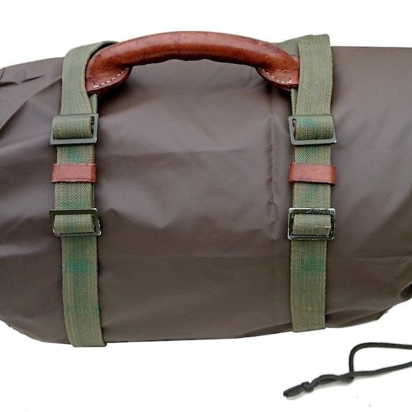 1970s unique long carrying straps & leather handle - genuine ex-army issue vintage transport luggage camping bushcraft bedroll blanket