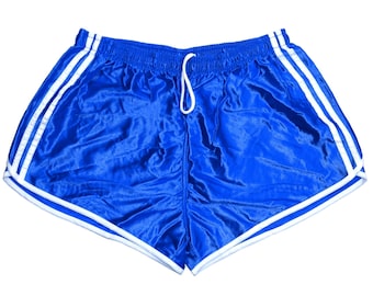 Vintage 1990er Jahre Französische Armee Shorts Blau Weiß Streifen Seidig Hotpants Retro Laufsport Echte 90er Militär PT Hotpants Retro Sport Gym