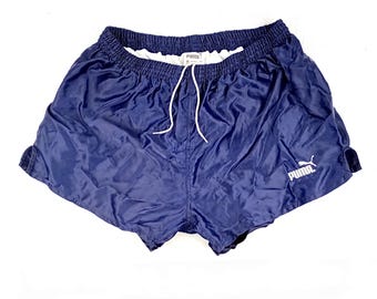 Vintage 1990er Jahre Puma Shorts Navy Blau seidig Groß Retro Fußball 90er Jahre Sport Gym gefüttert