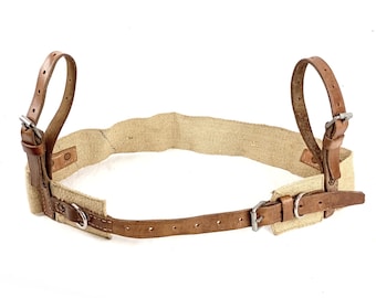Old Swedish Army Linen Belt With Real Leather Straps & Metal Buckles vintage hemp natural fabric harness