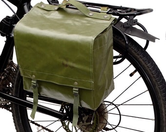 Auténtica bolsa de alforja impermeable de los años 80 para exmilitares, estilo retro vintage, verde, grande, para bicicleta, de goma, resistente a la lluvia y a la ducha.