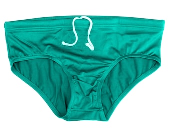 May include: Teal-colored underwear with a white drawstring. The briefs have a low-rise cut and are made of a smooth, possibly silky material. The waistband is reinforced with a seam.
