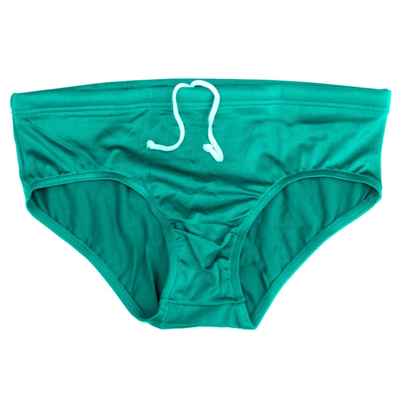 May include: Teal-colored underwear with a white drawstring. The briefs have a low-rise cut and are made of a smooth, possibly silky material. The waistband is reinforced with a seam.