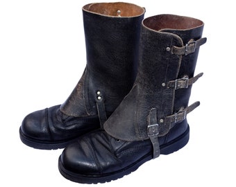 Black Leather Swiss Army Gaiters - 1960s Boot Shoe Spats Spatterdashes Spatter Guards - Steampunk Motorcycle