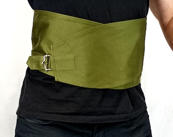 Vintage Swedish Army medical cotton back support long military belt brace corset with strap and buckle 1980s