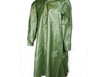 1980s Genuine Swedish Army Raincoat Rubber Coat Vintage Retro Olive Green PVC Waterproof Rubberized Oversized Rain Coat