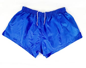 Vintage voetbalshorts uit de jaren 90 marineblauw zijdeachtig glanzend gestreept retro hardloopsport sportschool XL