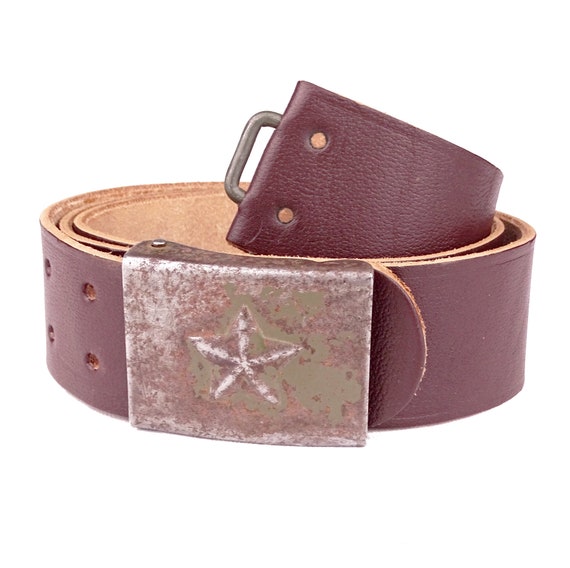 1980s Genuine Soviet Bloc Army Real Leather Belt & Metal Buckle With Communist Star Brown 34-40" Waist 85 to 100cm Cold War Distressed