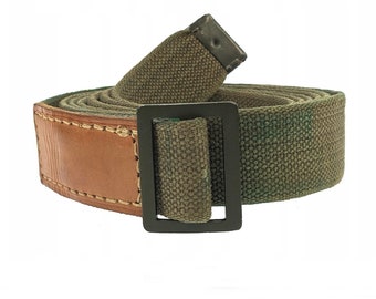 1960s Genuine Army Belt Leather Reinforced Webbing Green Military Heavy Duty Strong Webbing Fallout Cosplay Distressed Vintage Metal Buckle