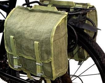 1960s Ex-Army Showerproof Canvas Pannier Bags pair retro vintage green large bike panniers waterproof rainproof