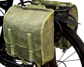 Alforjas de lona de lino impermeables para bicicleta, estilo retro vintage, color verde, de los años 60. Par de alforjas grandes impermeables para bicicleta.