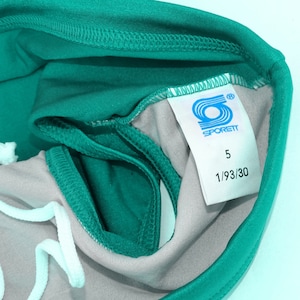 May include: Close-up of athletic shorts in teal and gray, with a white drawstring. The shorts have a tag that reads "Sporett" with the number "5" and the date "1/93/30". The garment is made of a smooth, likely synthetic material.