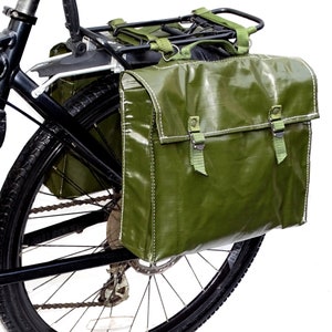 Genuine 1980s Ex-Army Waterproof Pannier Bags pair retro vintage green large bike rubberized panniers saddle bags showerproof saddlebags