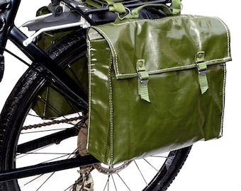 Echte 1980er Jahre Ex-Arme wasserdichte Panniertaschen Paar Retro Vintage grüne große Fahrrad gummierte Packtaschen Satteltaschen duschfeste Satteltaschen