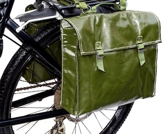 Genuine 1980s Ex-Army Waterproof Pannier Bags pair retro vintage green large bike rubberized panniers saddle bags showerproof saddlebags