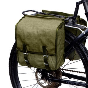 Ex-Army Waterproof Canvas Pannier Bags early 2000s pair retro vintage green large bike panniers waterproof rainproof quality linen canvas