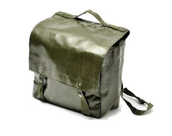 May include: A green canvas backpack with adjustable straps and a flap closure. The backpack has a simple design and is made of durable material.