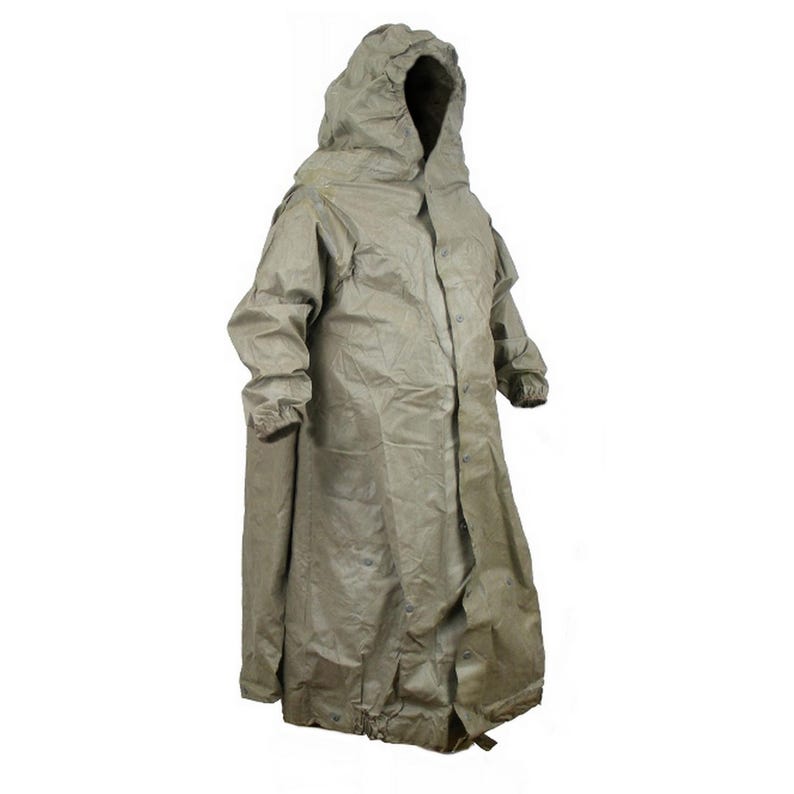May include: A green hooded raincoat with a long, flowing design. The raincoat has a button closure and a drawstring hood.