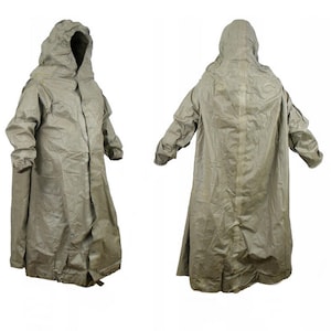 May include: A green hooded raincoat with a long, loose fit. The raincoat has a zipper closure and a drawstring hood.