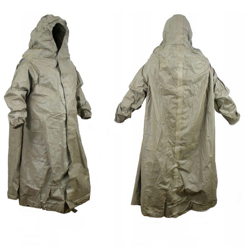 May include: A green hooded raincoat with a long, loose fit. The raincoat has a zipper closure and a drawstring hood.