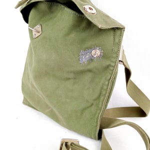 Vintage Swedish Army Cotton Canvas Shoulder Bag Green Messenger Cross Body Crossbody Military Retro Unique Shape Sandwich Tool Gas Mask Bag Used GRADE 2