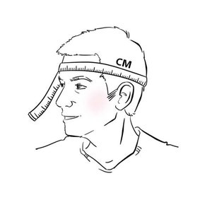 May include: A line drawing of a person wearing a measuring tape around their head. The tape is labeled "CM" for centimeters.