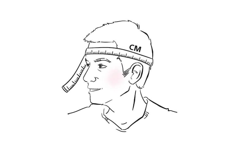 May include: A line drawing of a person wearing a measuring tape around their head. The tape is labeled "CM" for centimeters.