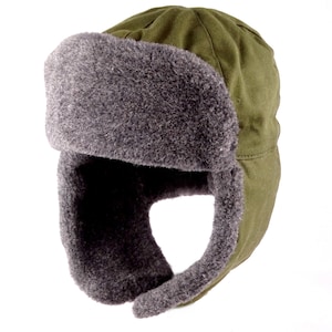 Peut inclure: Un chapeau d'hiver vert et gris avec une doublure en fourrure et des rabats d'oreilles.