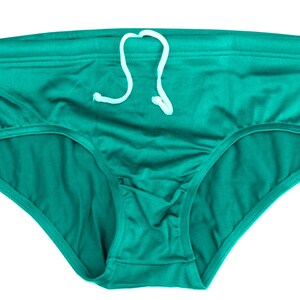 May include: Teal-colored underwear with a white drawstring. The briefs have a classic cut with a comfortable waistband and a soft, smooth texture. The garment is made of a lightweight material.