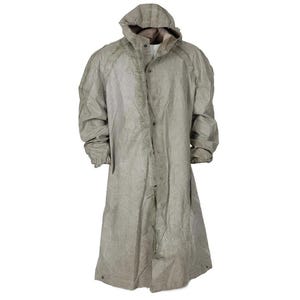 May include: A long, hooded, green raincoat with a button closure. The raincoat has a drawstring hood and a relaxed fit.