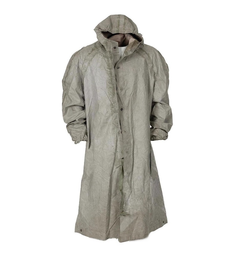 May include: A long, hooded, green raincoat with a button closure. The raincoat has a drawstring hood and a relaxed fit.