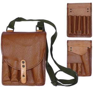 Sac à bandoulière en cuir marron armée du bloc soviétique des années 1970 pistolet de signalisation double étui porte-outils double face pochettes