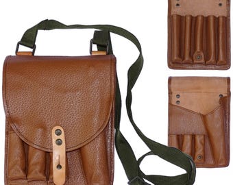 1970s Soviet Bloc Army Flare Gun Brown Leather Shoulder Bag signal pistol twin case holster holder double sided tool compartments pouches