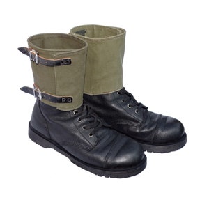 Genuine 1960s Ex-Army Gaiters Canvas & Leather Olive Vintage Boot Shoe Leg Spats Spatterdashes Spatter Guards Steampunk Motorcycle Hiking