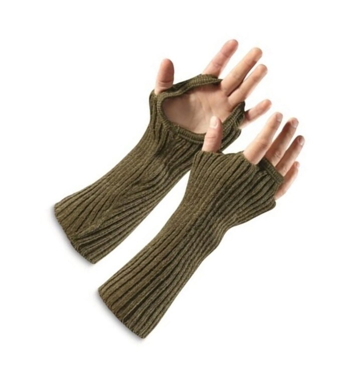 Dutch Army Woolen Wristlets Long Fingerless Gloves Olive Green